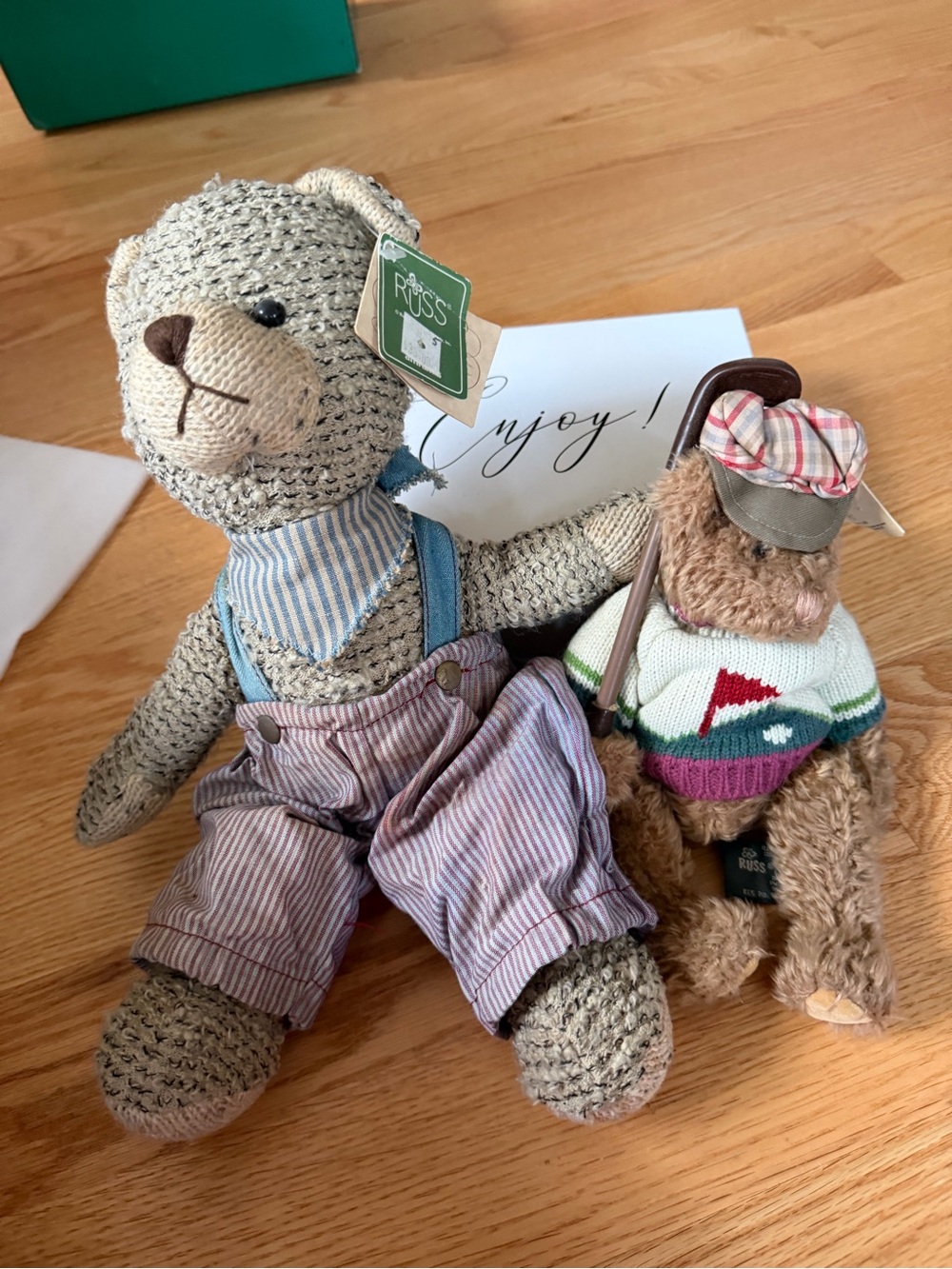 Russ Beige Knit Bear with Striped Overalls and Brown Mini Bear Companion